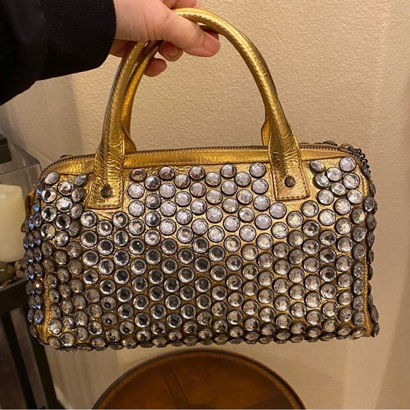 BETSEY JOHNSON Gold Leather Rhinestone Bling Embellished Bag 7”x10”-Rare! - Picture 1 of 11